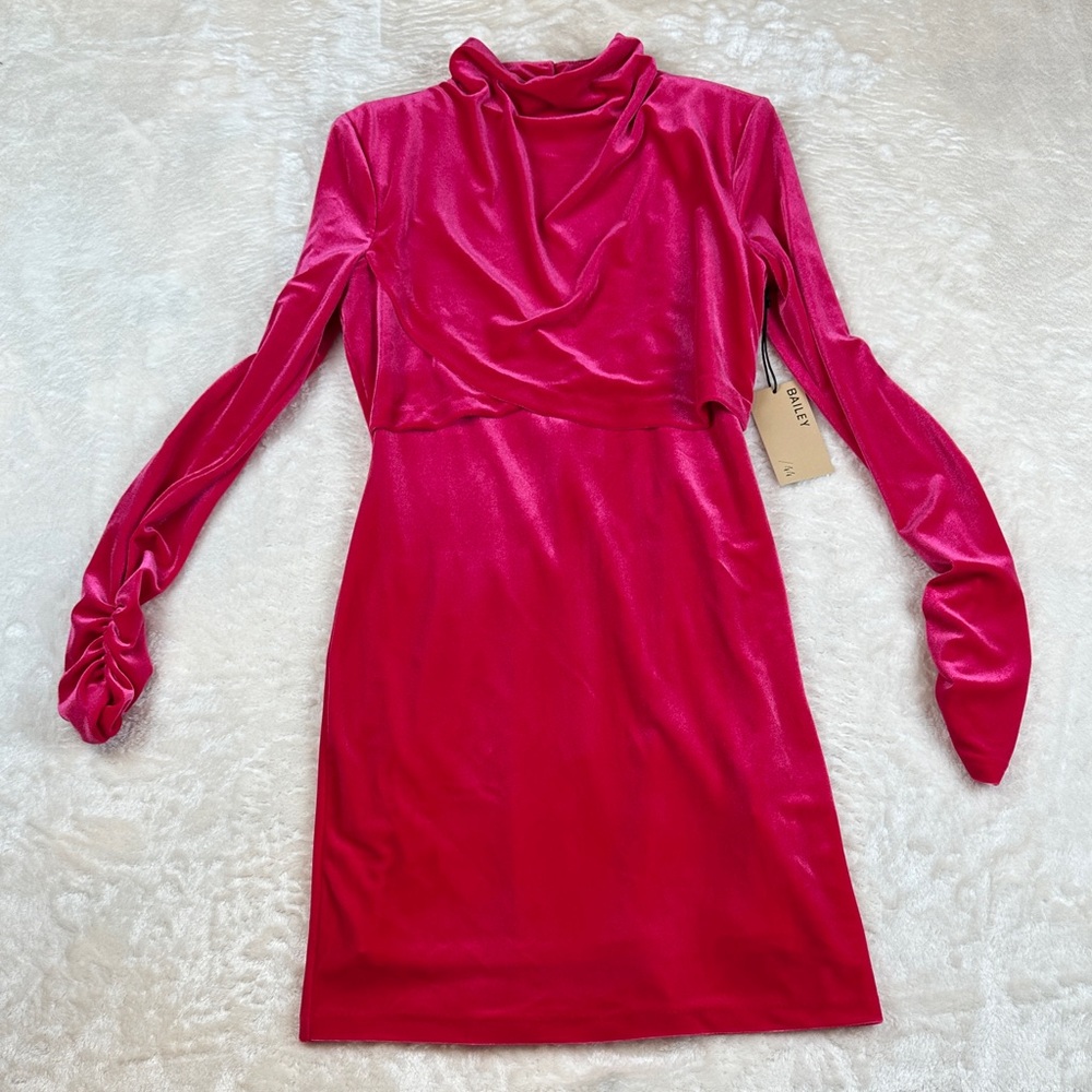 NWT Bailey 44 Ladonia Hot Pink Velvet Open Back Mini Dress Ruched Sleeves Size M